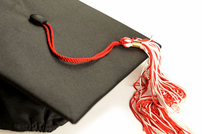 High angle view of tied up on rope against white background