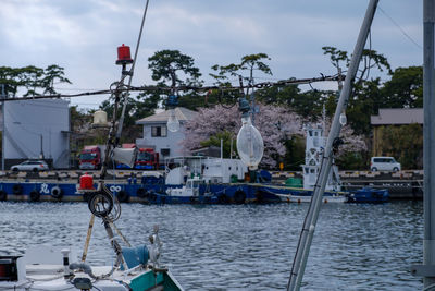 Boats moored at harbor against sky