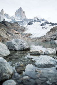 Scenic view of lake and snowcapped mountains against sky