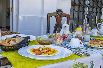 High angle view of breakfast served on table