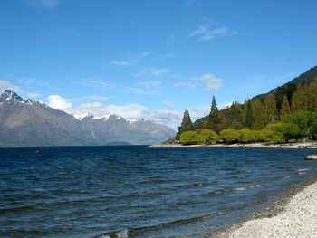 Scenic view of sea and mountains against sky