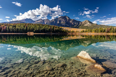 Pyramid lake autumn reflection in jasper national park, alberta, canada