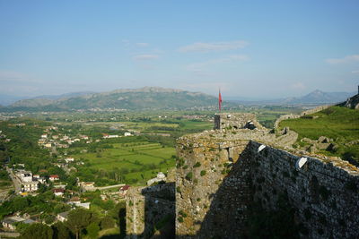 High angle view of buildings against sky