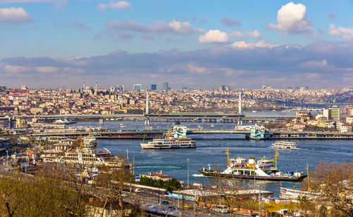 High angle view of city at waterfront against cloudy sky