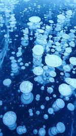 High angle view of chess pieces in water at night