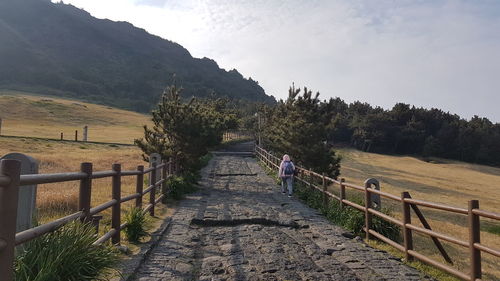 Footpath leading towards mountains against sky