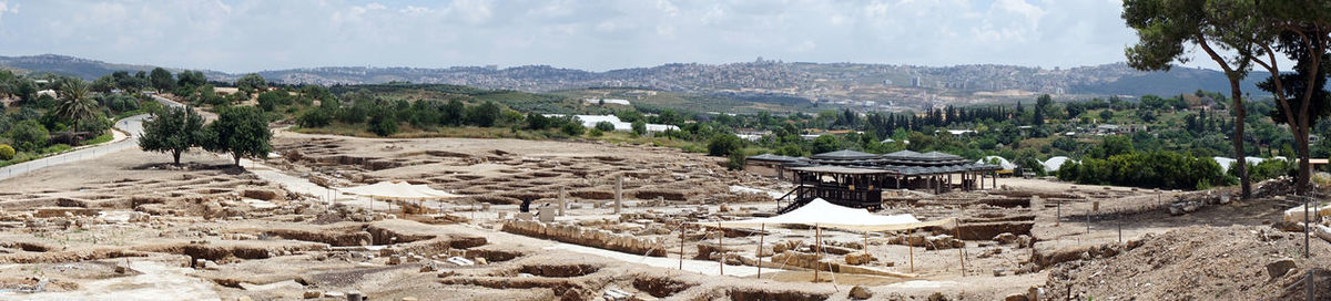 Panoramic view of residential district against sky