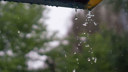 Close-up of water falling from roof