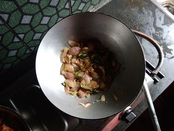 High angle view of food in cooking pan