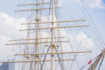 Low angle view of sailing ship mast against sky