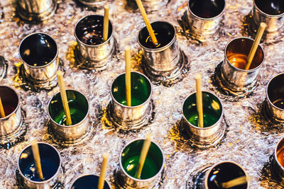 High angle view of glasses on table