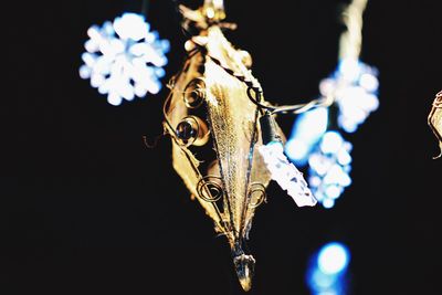 Close-up of illuminated hanging against black background