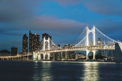 Bridge over river with city in background