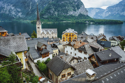 High angle view of buildings in lake