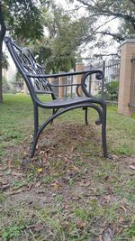 Empty bench on grassy field in park