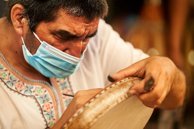 Side view of man with dog