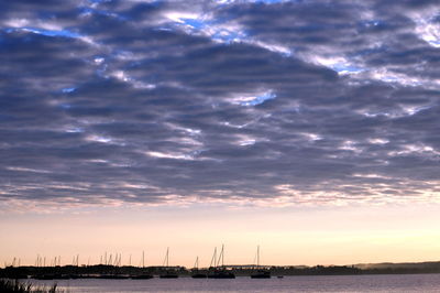 Silhouette sailboats moored on harbor against sky at sunset