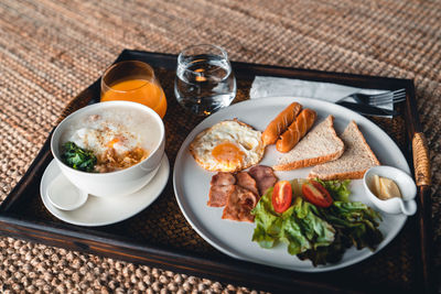 High angle view of breakfast served on table