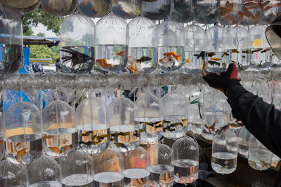 Midsection of woman drinking bottles