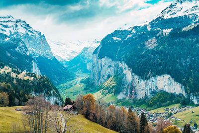 Scenic view of snowcapped mountains against sky