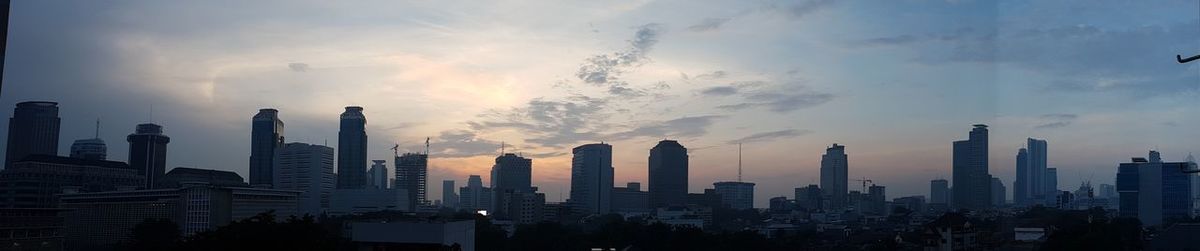 Panoramic view of buildings against sky during sunset