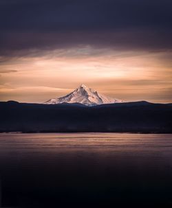 Scenic view of snowcapped mountains against sky during sunset