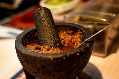 Close-up of mortar and pestle