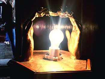 Close-up of illuminated candle in dark room