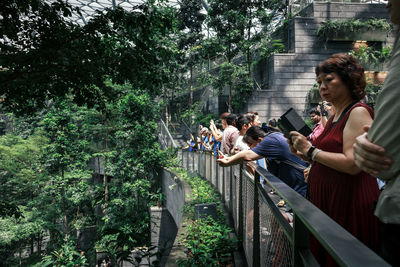 People sitting by railing against trees