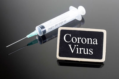 High angle view of information sign on table