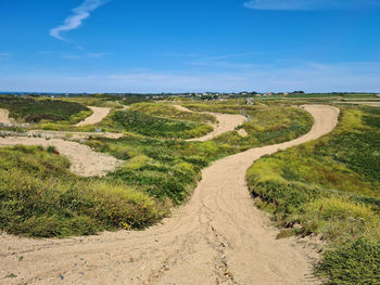 Dirt road amidst field against sky