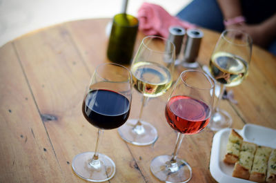 Close-up of wine glasses on table