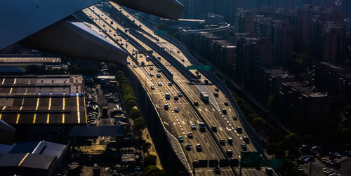 High angle view of cityscape on road in city