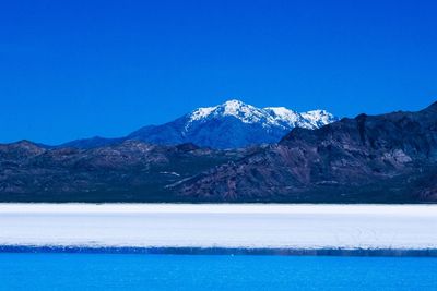 Scenic view of lake and snowcapped mountains against clear blue sky