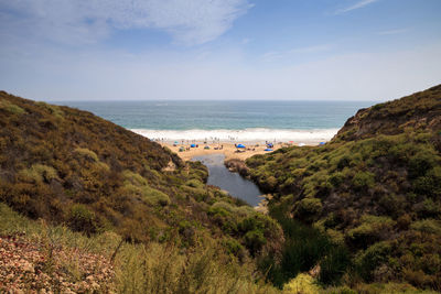 Scenic view of sea and mountains against sky