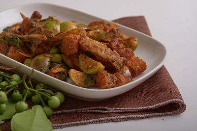 High angle view of food in plate on table