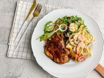 High angle view of food in plate on table