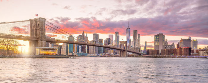 Bridge over river against buildings in city