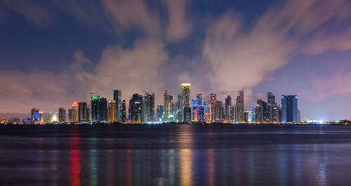Panoramic view of city lit up at night