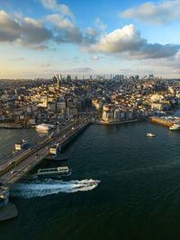 Drone view of the galata bridge, view of the galata tower. spring istanbul, sunset