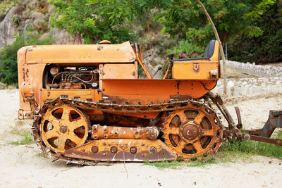 Old rusty wheel on railroad track