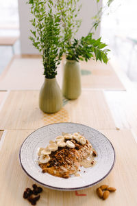 High angle view of food served on table