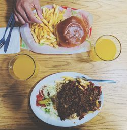 High angle view of meal served on table