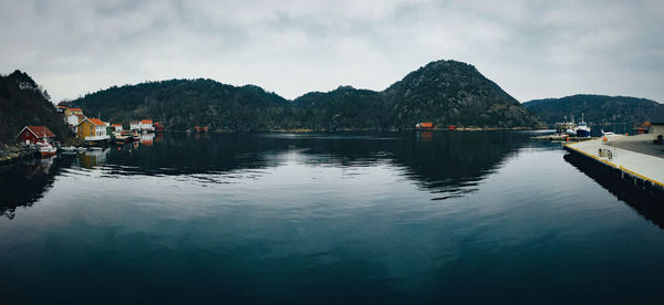 Scenic view of lake against cloudy sky