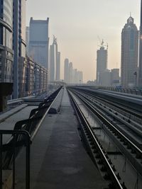 Railroad tracks amidst buildings in city against sky