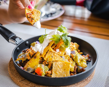 High angle view of food in plate on table