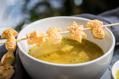 Close-up of soup in bowl on table