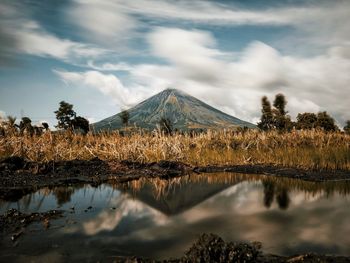 Scenic view of lake against cloudy sky