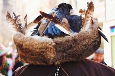 Rear view of hunter wearing fur hat with feathers during festival