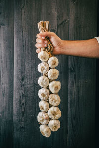 High angle view of person preparing food on table